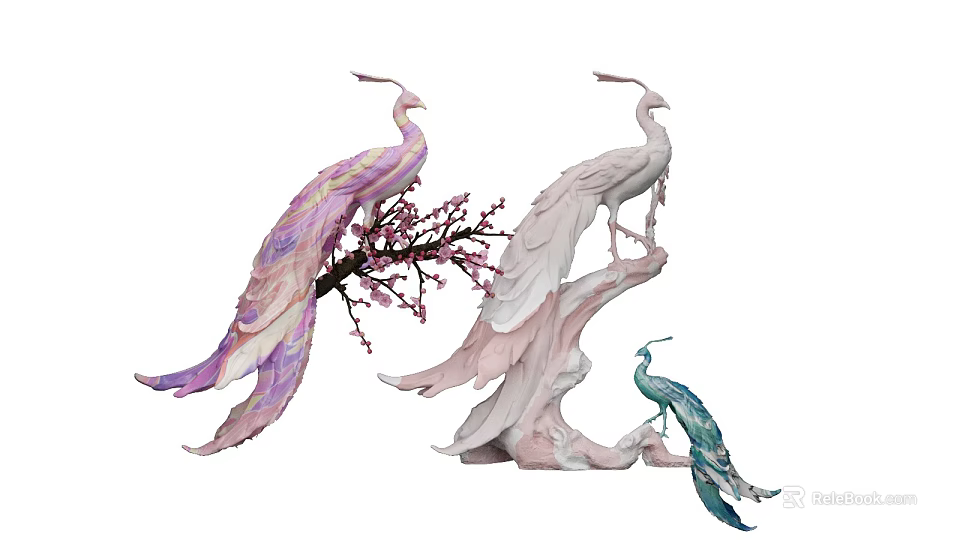 Decorative Peacock Sculptures in Purple Pink Blue Standing on Branches with Pink Flowers 3d model 