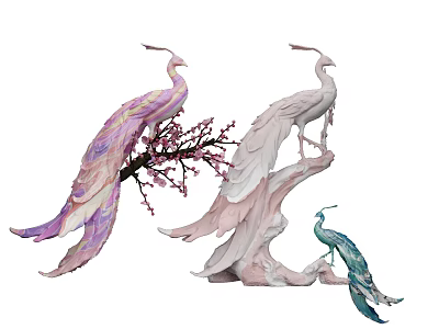 Decorative Peacock Sculptures in Purple Pink Blue Standing on Branches with Pink Flowers 3d model