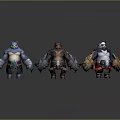 Three Armored Bear Game Characters With Distinct Color Schemes And Detailed Equipment