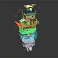 Colorful Cartoon Floating Island Scene With House Umbrella Slide And Underwater Fish