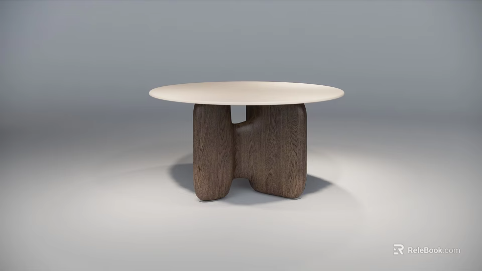Modern Round Coffee Table With White Tabletop And Dark Wooden Unique Base 3d model 
