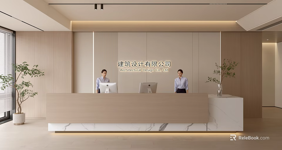 Modern Reception Desk in Architectural Design Office with Wood And Marble Countertop Two Professional Receptionists 3d model 