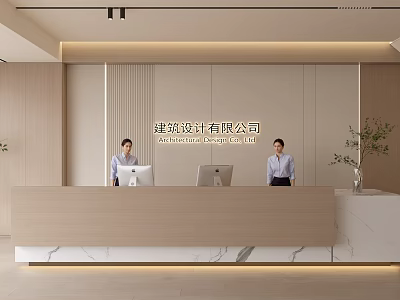 Modern Reception Desk in Architectural Design Office with Wood And Marble Countertop Two Professional Receptionists 3d model