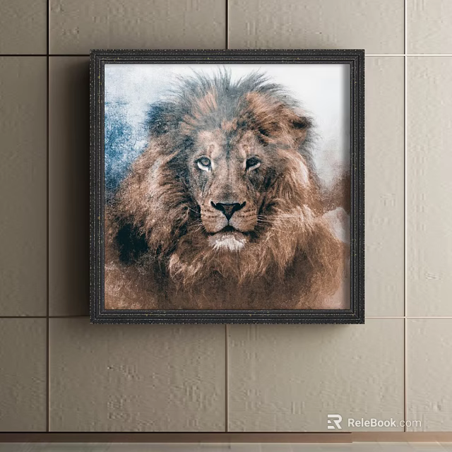 Detailed Lion Animal Painting With Smoky Blue White Background Framed Hanging On Wall 3d model 