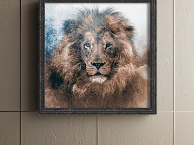 Detailed Lion Animal Painting With Smoky Blue White Background Framed Hanging On Wall 3d model