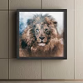 Detailed Lion Animal Painting With Smoky Blue White Background Framed Hanging On Wall