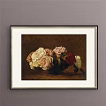 Botanical Painting With Basket Of Various Colored Roses Framed Dark Background Gold Border