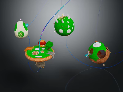 Cartoon Scene With Floating Spherical Objects Green White Patterns And Colorful Lines 3d model