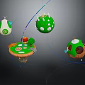 Cartoon Scene With Floating Spherical Objects Green White Patterns And Colorful Lines