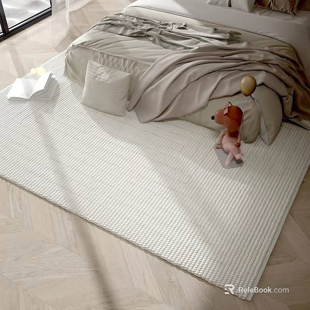 Beige Square Rug With Woven Texture On Wooden Floor In Bedroom Under Bed And Stuffed Toy 3d model 