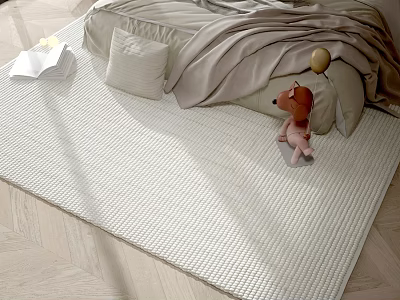 Beige Square Rug With Woven Texture On Wooden Floor In Bedroom Under Bed And Stuffed Toy 3d model