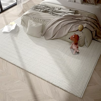 Beige Square Rug With Woven Texture On Wooden Floor In Bedroom Under Bed And Stuffed Toy 3d model