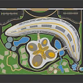 Modern Architectural Model With Curved Structure Yellow White Design Green Lawns Water Pools