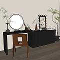 Black Dressing Table With Circular Drawer Details Round Mirror Table Lamp And Cosmetics 3d model