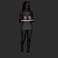 Woman Holding Tray With Coffee Cups And Sandwich In Casual Outfit