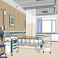 Hospital Ward Interior With Hospital Bed Blue Floor Wooden Walls Purple Curtains And Medical Equipment