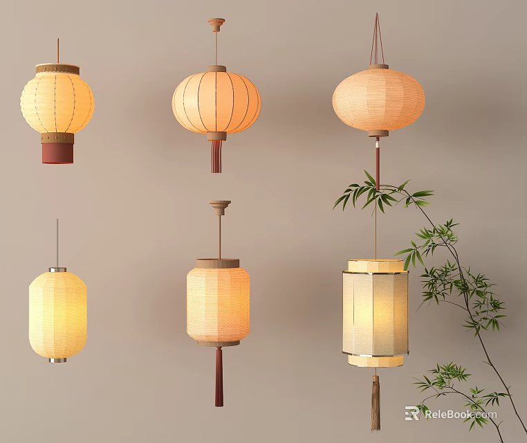 Oriental Paper Lanterns Hanging With Bamboo Branches And Unique Styles 3d model