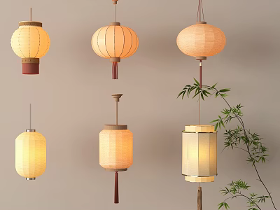 Oriental Paper Lanterns Hanging With Bamboo Branches And Unique Styles 3d model