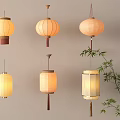 Oriental Paper Lanterns Hanging With Bamboo Branches And Unique Styles 3d model