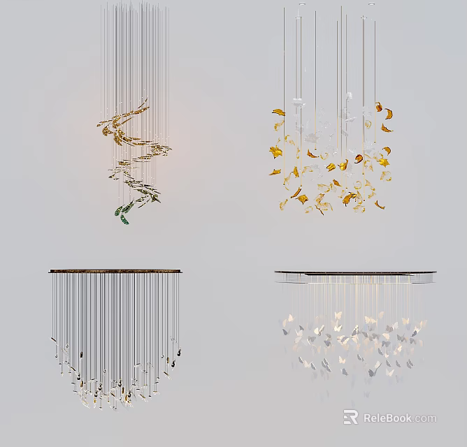 Modern Artistic Chandeliers With Gold Silver Leaf Shaped Hanging Decor Elements 3d model