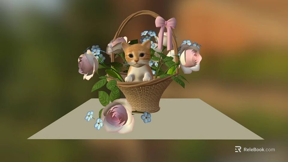 Cute Kitten Sitting In Wicker Basket With Roses Blue Flowers And Pink Bow On Table 3d model 