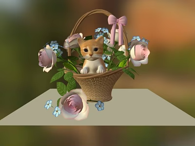 Cute Kitten Sitting In Wicker Basket With Roses Blue Flowers And Pink Bow On Table 3d model