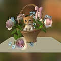 Cute Kitten Sitting In Wicker Basket With Roses Blue Flowers And Pink Bow On Table