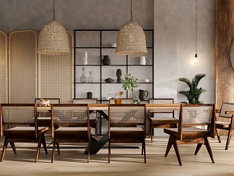 Qui Ji Restaurant Tea Table and Chair Combination Restaurant Dining Table and Chair Combination Restaurant Chandelier Rattan Screen Combination 3d model