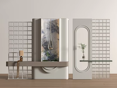 Modern Entryway Cabinet And Side Cabinet With Grid Design Circular Window And Plant Shelf 3d model