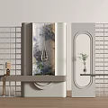 Modern Entryway Cabinet And Side Cabinet With Grid Design Circular Window And Plant Shelf