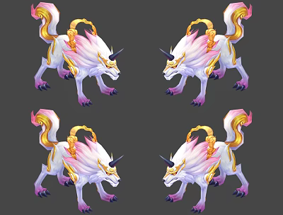 Game Movie Mythical Beast Character White Pink Gold Multi Tailed Unicorn Like Ornate Design 3d model