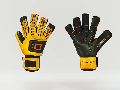 GLOBALFIT Goalkeeper Gloves Featuring Yellow Black Grip Pattern And Black Orange Accent Design 3d model