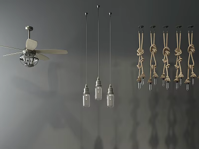 Industrial LOFT ceiling light fan ceiling rope chandelier 3d model