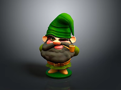 Cute Green Gnome Figure With Beard Pipe Green Hat And Base 3d model