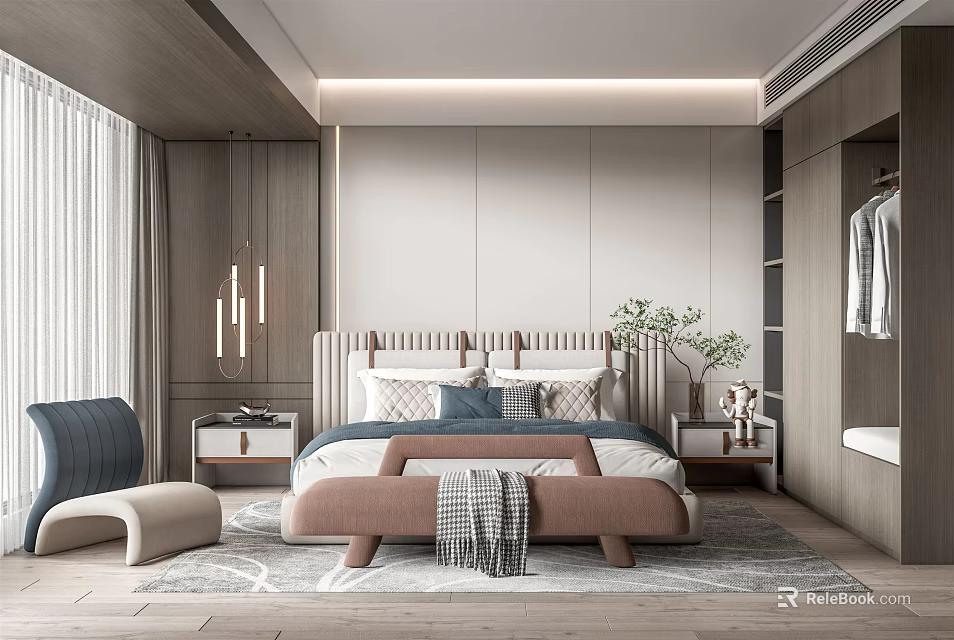 Modern Bedroom Interior Design With Bed Bench Pillows Pendant Lights And Soft Rug 3d model 