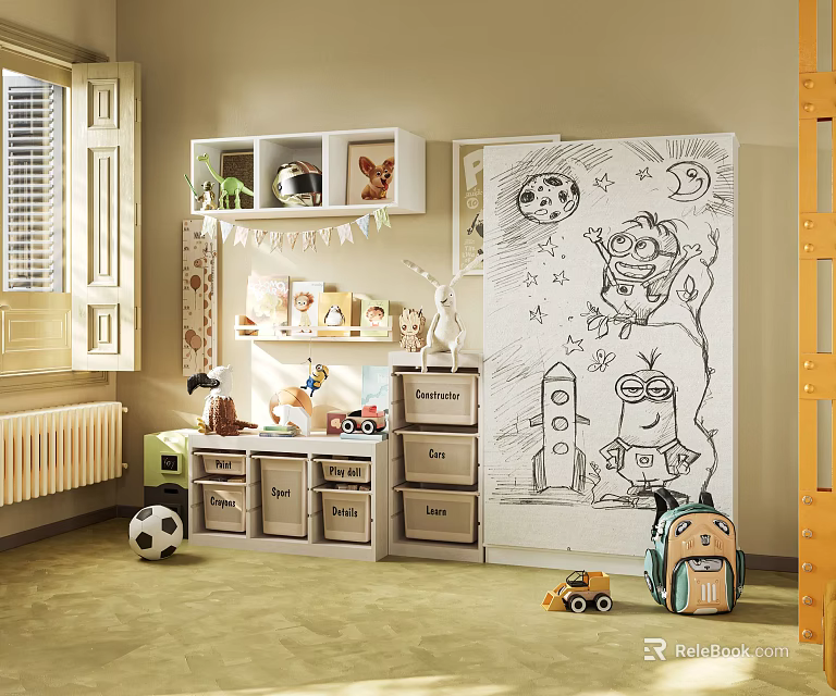 Kids Room Decorative Cabinet with Storage Bins Toys and Cartoon Doodle Wall 3d model 