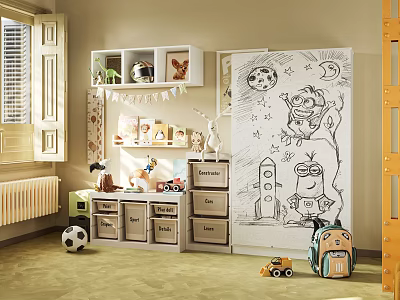 Kids Room Decorative Cabinet with Storage Bins Toys and Cartoon Doodle Wall 3d model