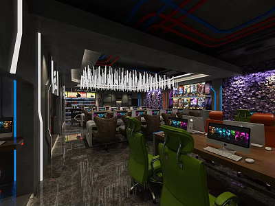 Modern Internet Cafe Interior With Green Chairs Multiple Computers And Purple Walls 3d model