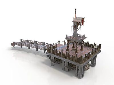 Flag Topped Medieval Watchtower With Wooden Platform Railing And Stone Supports 3d model