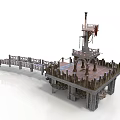 Flag Topped Medieval Watchtower With Wooden Platform Railing And Stone Supports