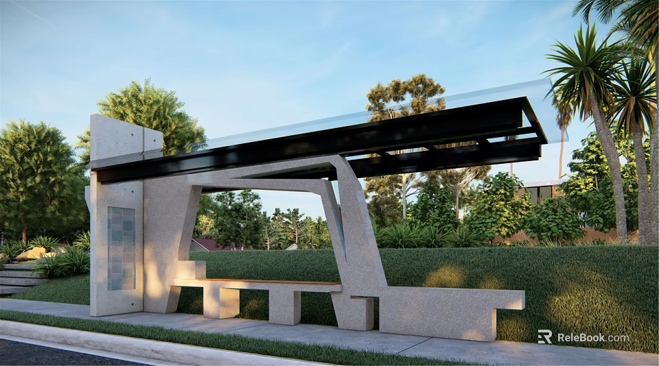 Modern Bus Station With Concrete Structure Bench Green Vegetation And Grass Under Blue Sky 3d model 