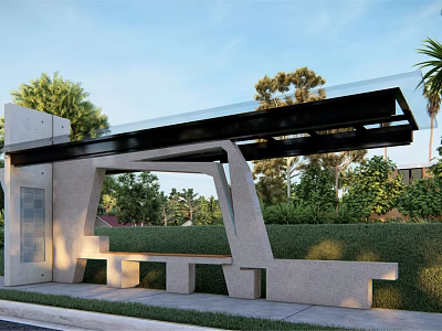 Modern Bus Station With Concrete Structure Bench Green Vegetation And Grass Under Blue Sky 3d model