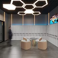 Modern Billiard Room Interior With Neon Lights Billiard Tables And Comfortable Seats