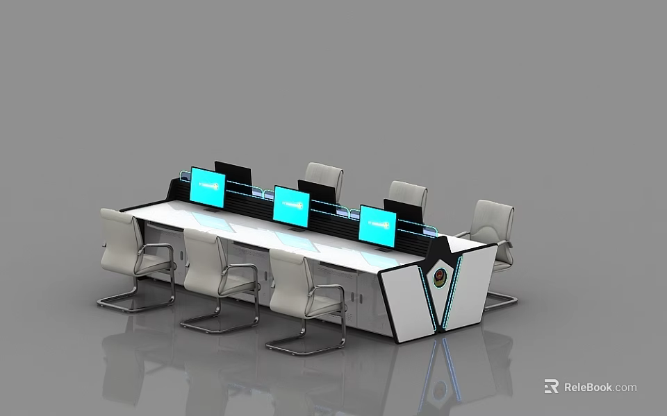 Modern Monitoring Room With Long Control Desk Multiple Monitors And White Chairs 3d model 