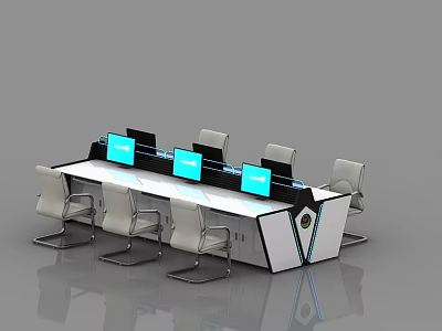 Modern Monitoring Room With Long Control Desk Multiple Monitors And White Chairs 3d model