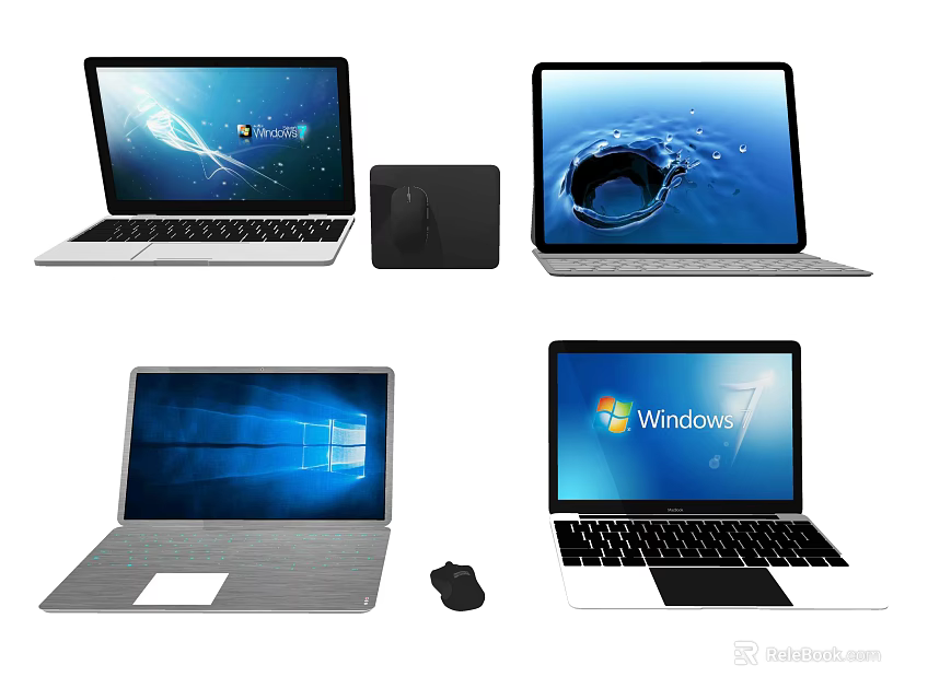 Multiple Windows Laptops With Desktop Screen Displays And Computer Accessories 3d model