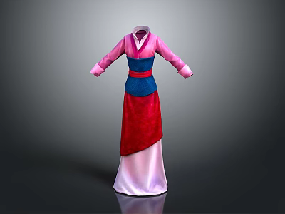 Traditional Asian Dress With Pink Sleeves Blue Waistband And Red Skirt 3d model