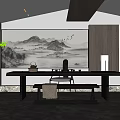 Traditional Chinese Tea Room Interior Design With Mountain Painting Long Table And Wooden Chair