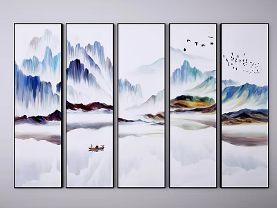 Five Panel Landscape Painting With Blue White Mountains Water Reflections Small Boat Flying Birds 3d model