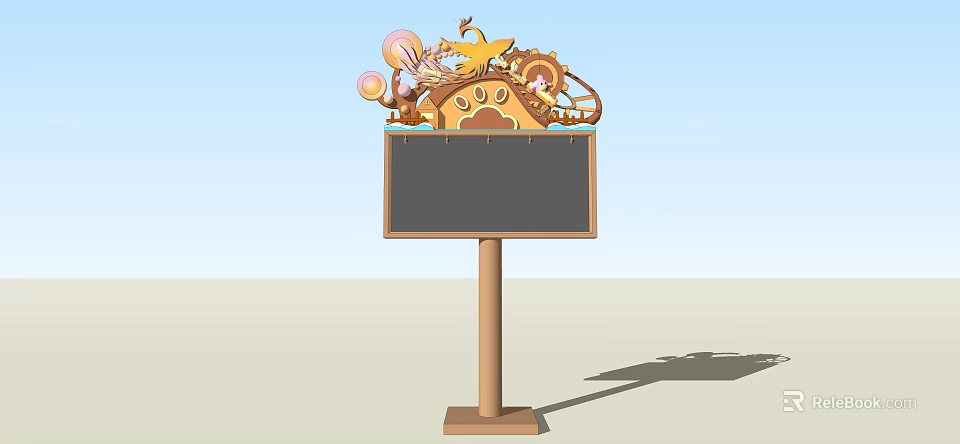 Cartoon Themed Billboard With Top Decorations Like Animals Stars Gears Black Board On Brown Pole 3d model 